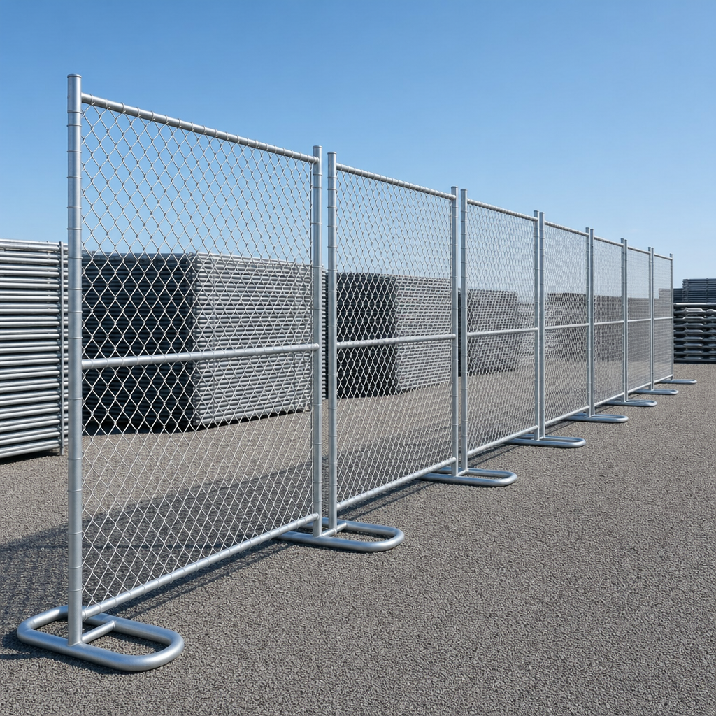 Rows of galvanized chain-link rental fence panels stacked on their metal feet in a staging yard